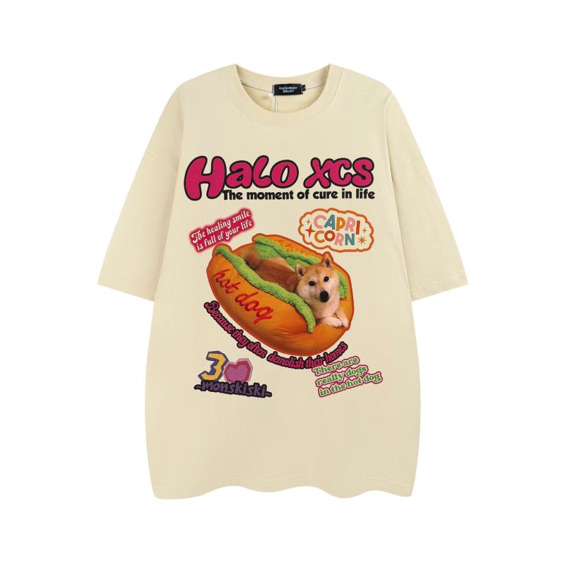 Tシャツ メンズ レディース 半袖 アメカジ レトロ ストリート カートゥーン ハンバーガー 犬 プリント トップス ゆったり オーバーサイズ ビッグシルエット クルーネック 綿 コットン カジュアル ペア お揃い 春夏 カキ色 ホワイト スカイブルー