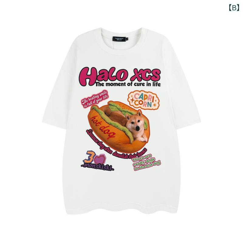Tシャツ メンズ レディース 半袖 アメカジ レトロ ストリート カートゥーン ハンバーガー 犬 プリント トップス ゆったり オーバーサイズ ビッグシルエット クルーネック 綿 コットン カジュアル ペア お揃い 春夏 カキ色 ホワイト スカイブルー