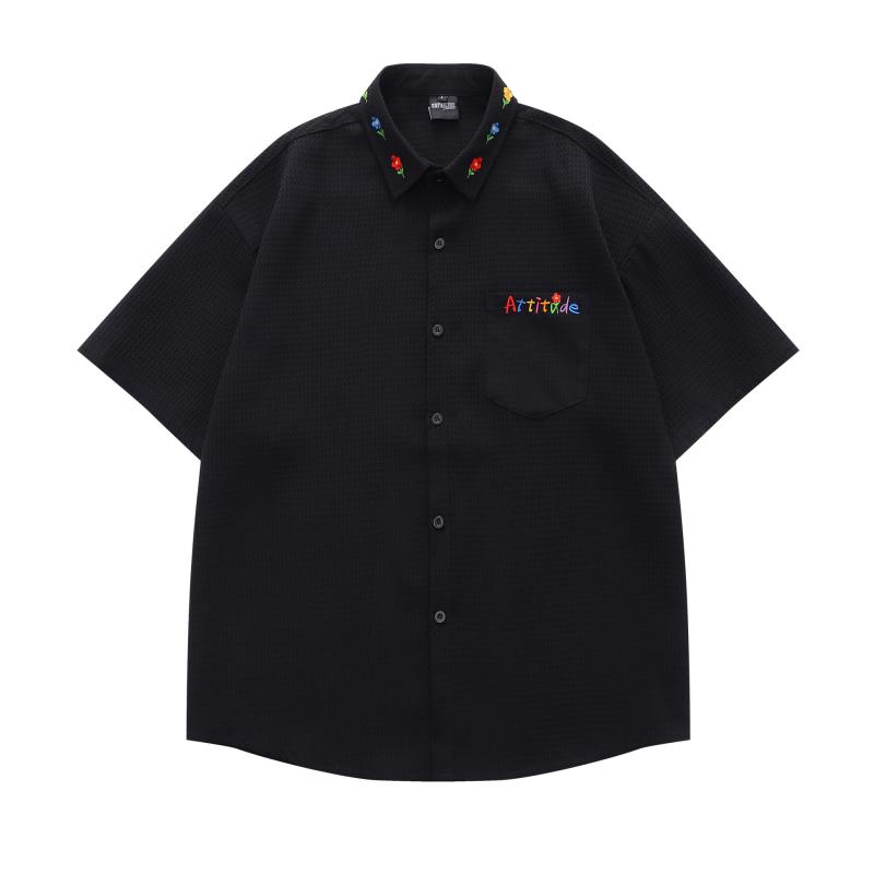 シャツ 男女兼用 ユニセックス ストリート系 トレンド レトロ 小花柄 刺繍 チェック柄 半袖 ゆったり ..