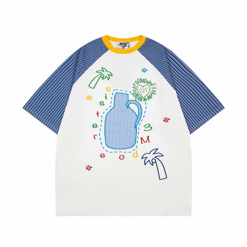 Tシャツ 男女兼用 アメカジ 遊び心ある配色切り替え ストライプ柄 ラグランスリーブ 半袖 刺繍 ゆった..