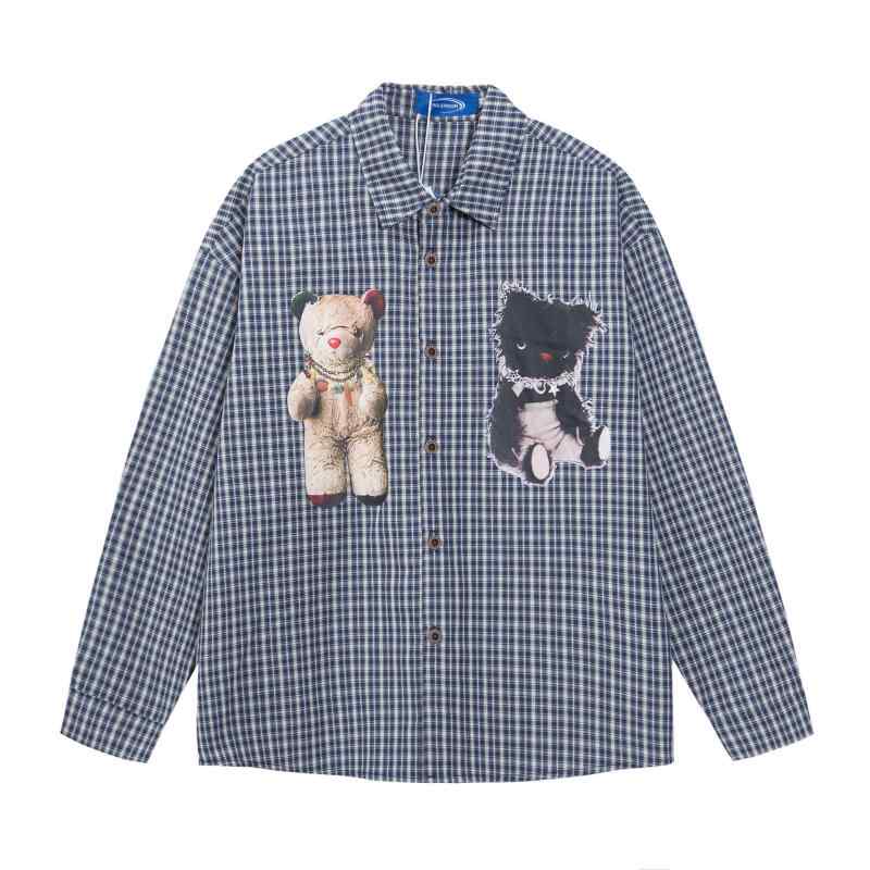 シャツ メンズ レディース ユニセックス 春夏 アメリカンレトロ アメカジ クマ プリント チェック柄 長..