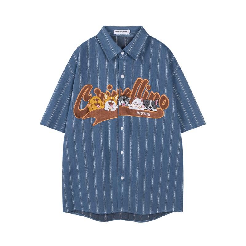 シャツ メンズ 男性用 アメリカンレトロ アメカジ キャラクター刺繍 縦縞 ストライプ デニム 厚手 半袖..