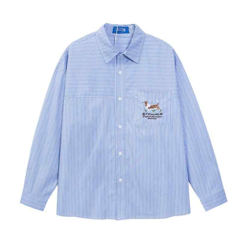 シャツ ユニセックス ドッグ刺繡 縦縞ストライプ 長袖 オーバーサイズ ルーズフィット アメカジ レトロ..