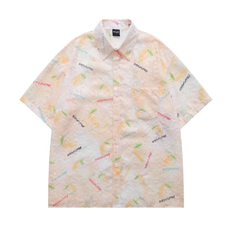 シャツ メンズ レディース アメリカンレトロ タイダイ いちご柄 ジャカード織り デザイン ゆったり オーバーサイズ 半袖 開襟 ポリエステル 春夏 カジュアル 普段使い(4)