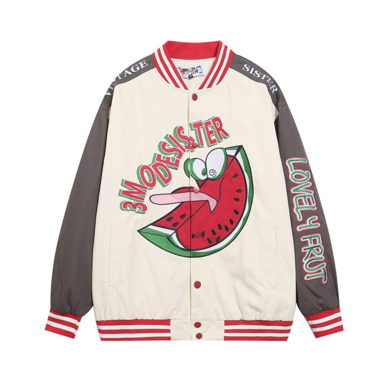 ジャケット メンズ レディース アメリカン レトロ 切り替え カラー スイカ 刺繍 Vネック ブルゾン ゆっ..