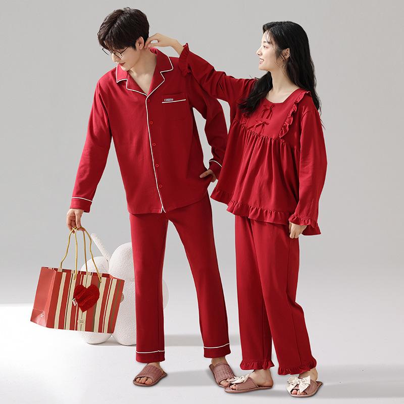パジャマ ペア 新婚 結婚祝い ルームウェア 男女兼用 上下セット 赤 レッド 綿100% コットン 通年 部屋着 ナイトウェア 保温 伸縮 快適 かわいい 丸首