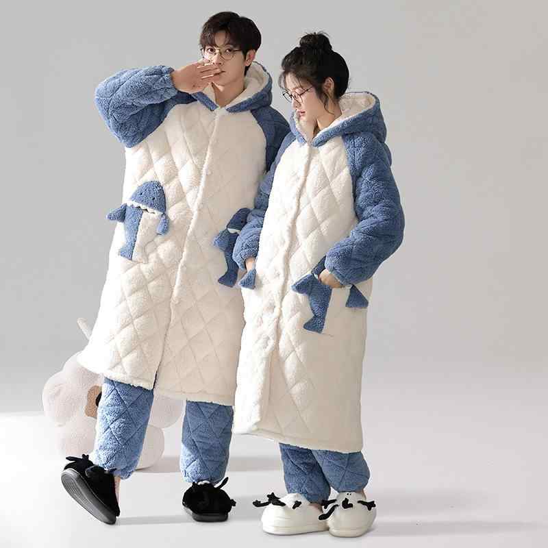 パジャマ 男女兼用 メンズ レディース ペア カップル 冬 極厚 三層 もこもこ 綿素材 フード付き 長袖 ロング丈 バスローブ ガウン ルームウェア セットアップ 上下セット あたたかい 保温 防寒 かわいい 伸縮性 部屋着 ワンマイルウェア