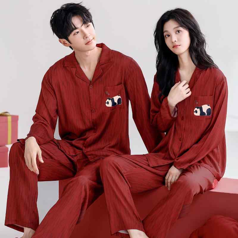 パジャマ セットアップ 男女兼用 カップル ペアルック 新婚祝い ブライダル ルームウェア 部屋着 普段使い 外出可能 接触冷感 ストレッチ 薄手 高級感 綿 コットン 長袖 長ズボン 上下セット レディース メンズ レッド 春秋 冬