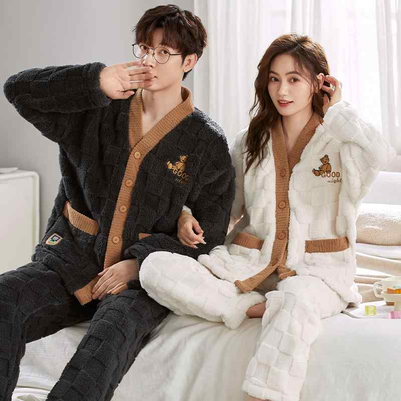 ルームウェア カップル メンズ レディース フランネル コットン あったか 厚手 Vネック 長袖 ロングパンツ 無地 カーディガン 上下セット 伸縮性 通気性 高級感 秋冬 普段使い ワンマイルウェア