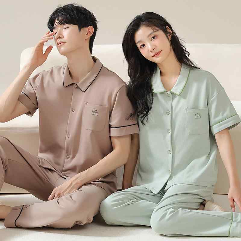 パジャマ レディース メンズ ペア カップル 春夏 綿100% 薄手 半袖 長ズボン Vネック ルームウェア 部..