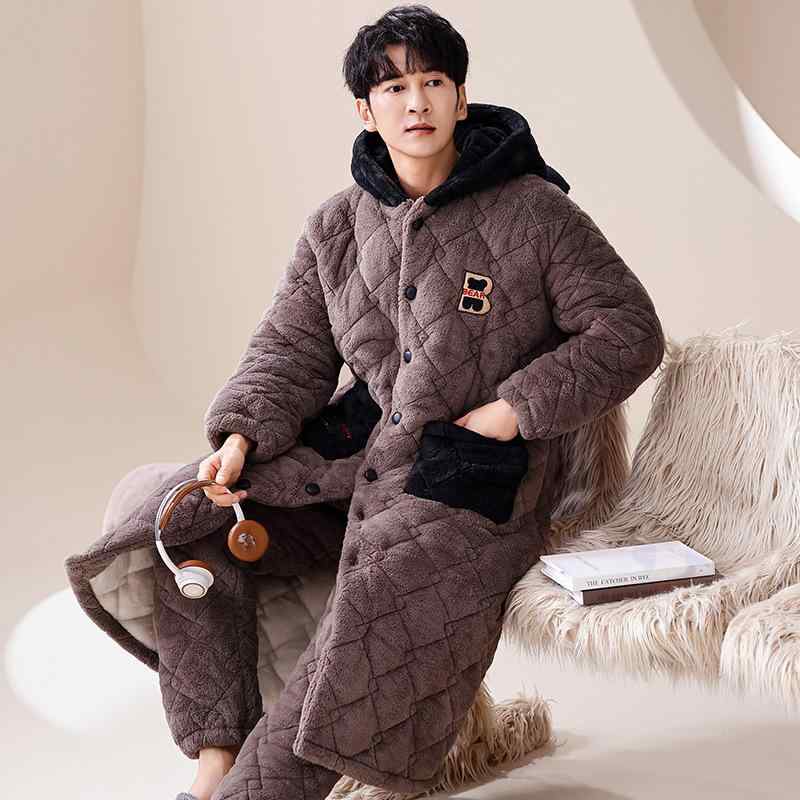 ルームウェア メンズ 男性用 冬 パジャマ サンゴフリース 三層構造 極厚 裏起毛 中綿入り 保温 防寒 長..