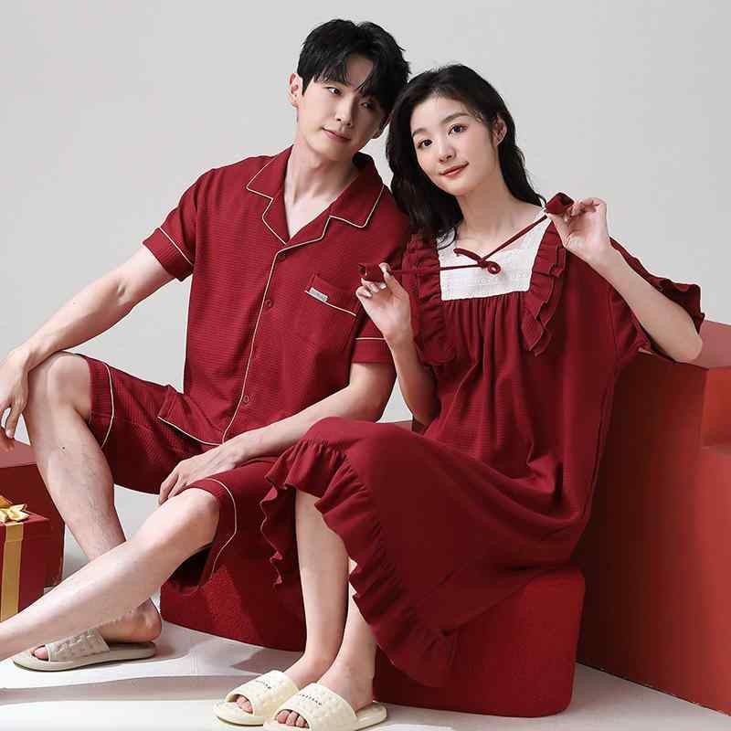 ルームウェア カップル ペア レディース メンズ 新婚 結婚 ブライダル パジャマ 上下セット ルームワンピース 綿100% 半袖 赤 レッド 通気性 伸縮性 涼しい 接触冷感 部屋着 ワンマイルウェア 高級感 春夏
