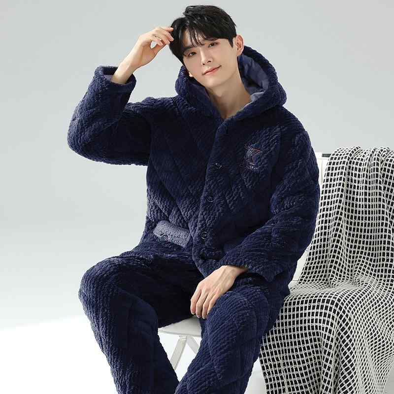 パジャマ メンズ 男性用 秋冬用 厚手 極厚 三層 中綿入り 大きいサイズ サンゴフリース コーラルフリース 綿 コットン Vネック 長袖 長ズボン ルームウェア 部屋着 上下セット 保温 あったか