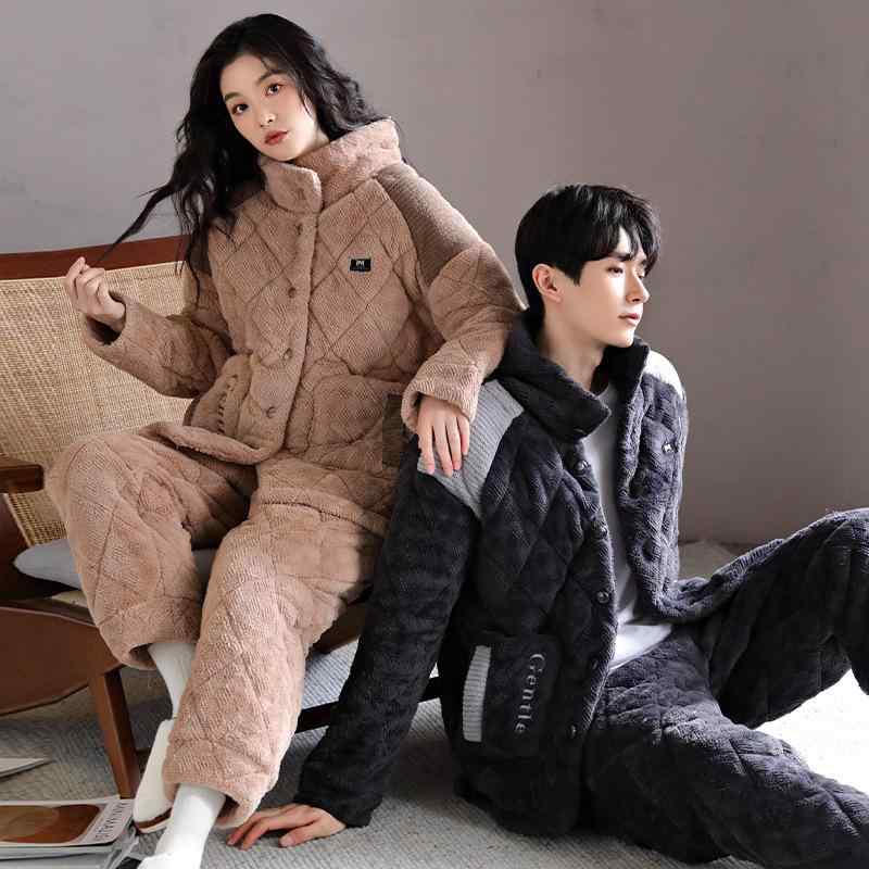 ルームウェア パジャマ 男女兼用 カップル 中綿入り サンゴフリース フランネル 厚手 保温性 上下セット スタンドカラー 長袖 長ズボン..