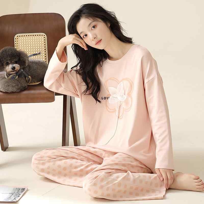 パジャマ 女の子用 秋冬 綿100% 長袖 丸首 ルームウェア 部屋着 ワンマイルウェア 上下セット 韓国風 キャラクタープリント ジュニア 学生 高校生 カジュアル 通気性 伸縮性 保温性 上質