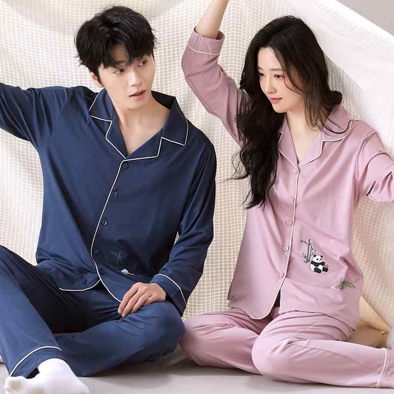 パジャマ 男女兼用 カップル ペア コットン100% 長袖 長ズボン ルームウェア 前開き 上下セット 春秋 通気性 伸縮性 高級感 部屋着