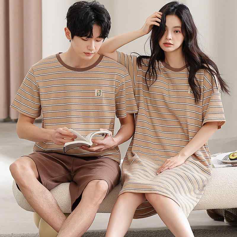 ルームウェア ペア カップル メンズ レディース 春夏 半袖 綿100% コットン ゆったり リラックス カジュアル 薄手 丸首 パジャマ 部屋着 寝間着 セットアップ 上下セット ワンピース ネグリジェ