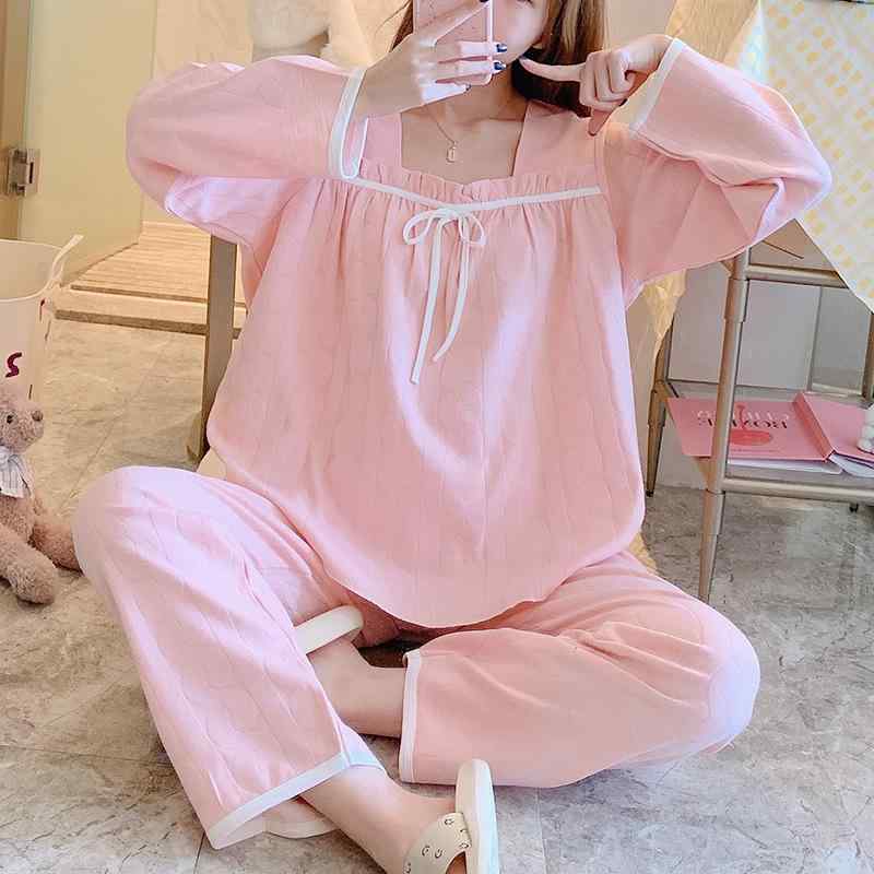 ルームウェア レディース パジャマ 春秋冬 長袖 スクエアネック コットン 綿 上下セット 宮廷風 エレガント シンプル 部屋着 リラックス 快適 ナチュラル 伸縮性 ワンマイルウェア