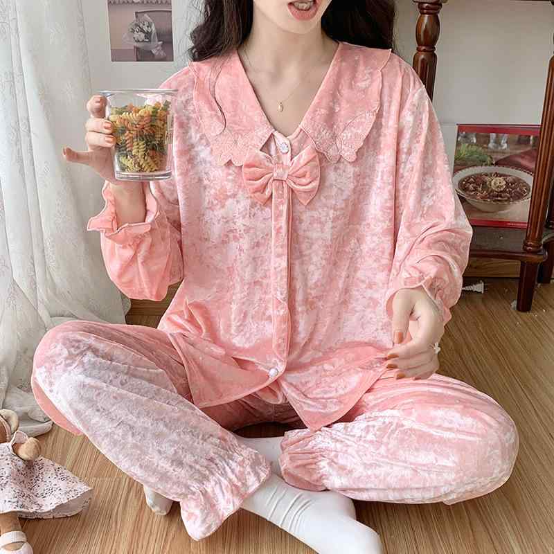 パジャマ レディース ルームウェア ベロア素材 ポリエステル 厚手 長袖 開襟 上下セット 長ズボン 宮廷風 エレガント リラックスウェア 部屋着 秋冬春 ピンク系 ホワイト系