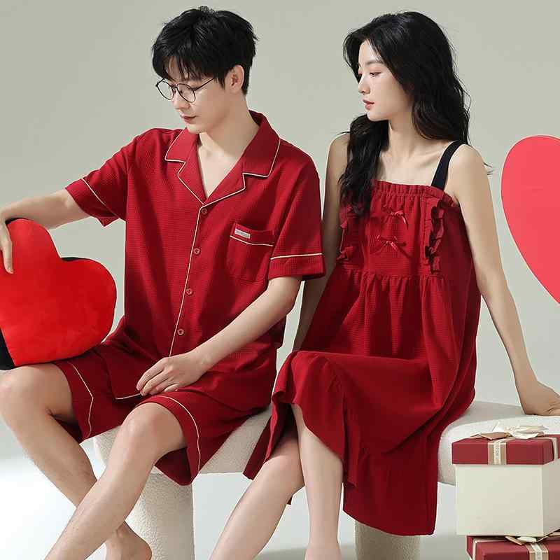 パジャマ カップル 高級感 ワッフル 綿100% 夏 レッド 女性キャミソールワンピース ナイトドレス 男性..