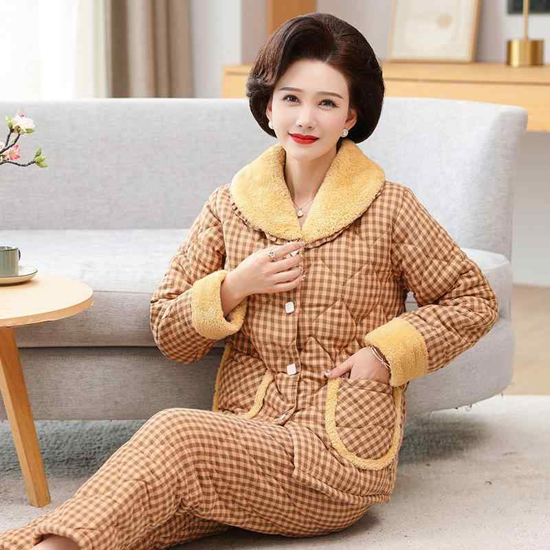 パジャマ レディース ママ 中高年 純綿 三層中綿キルティング 厚手 あったか 保温 高級感 襟付き 長袖 長ズボン 伸縮性 ルームウェア 上下セット 秋冬 普段使い おうち時間 ワンマイル