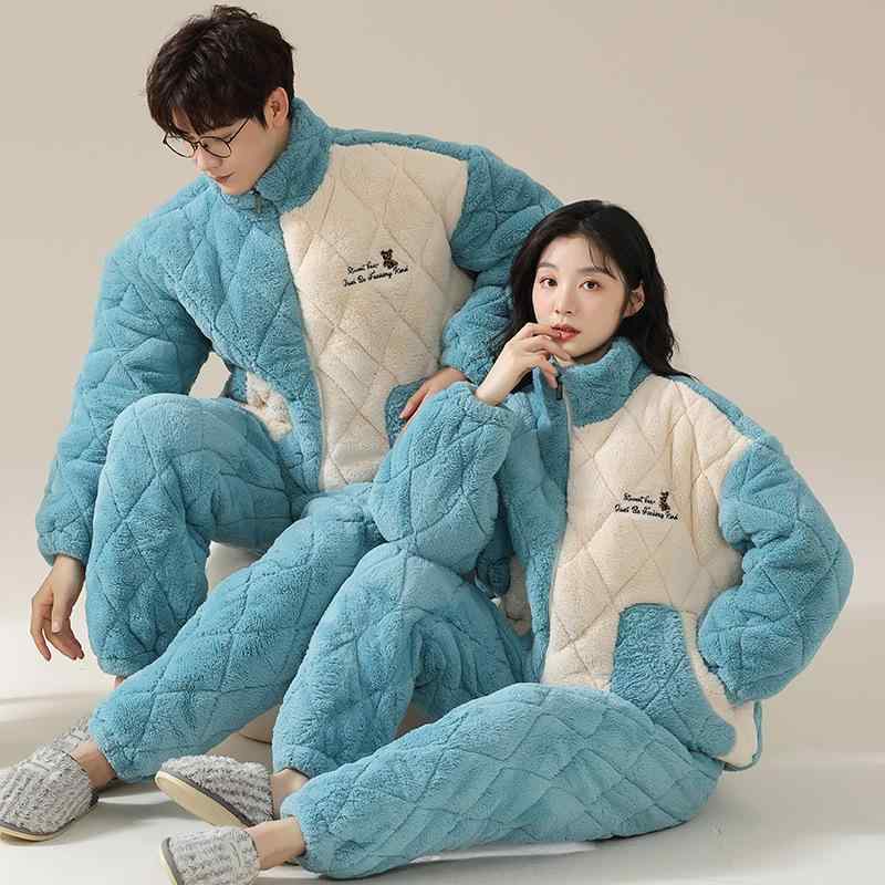 パジャマ 男女兼用 カップル ペア 極厚 中綿 キルティング 三層 保温 あったか ハイネック タートルネック ジップアップ ゆったり リラックス 韓国風 カジュアル ルームウェア 部屋着 ワンマイルウェア 上下セット