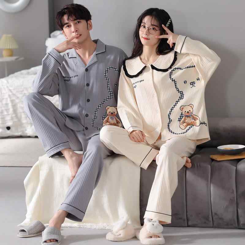 パジャマ 男女兼用 カップル ペア 長袖 前開き 綿100% キャラクター柄 韓国風 ルームウェア 上下セット 高級感 快適 通気性 オールシーズン