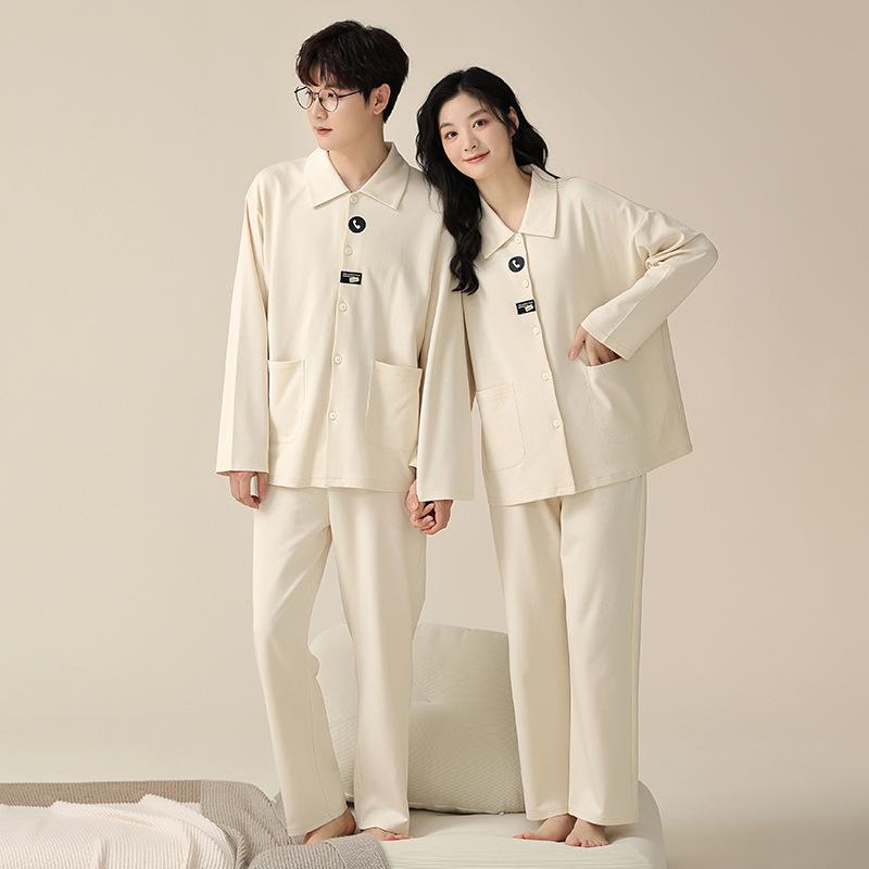 ルームウェア カップル メンズ レディース 長袖 パジャマ 綿100% コットン 前開き セットアップ シンプ..