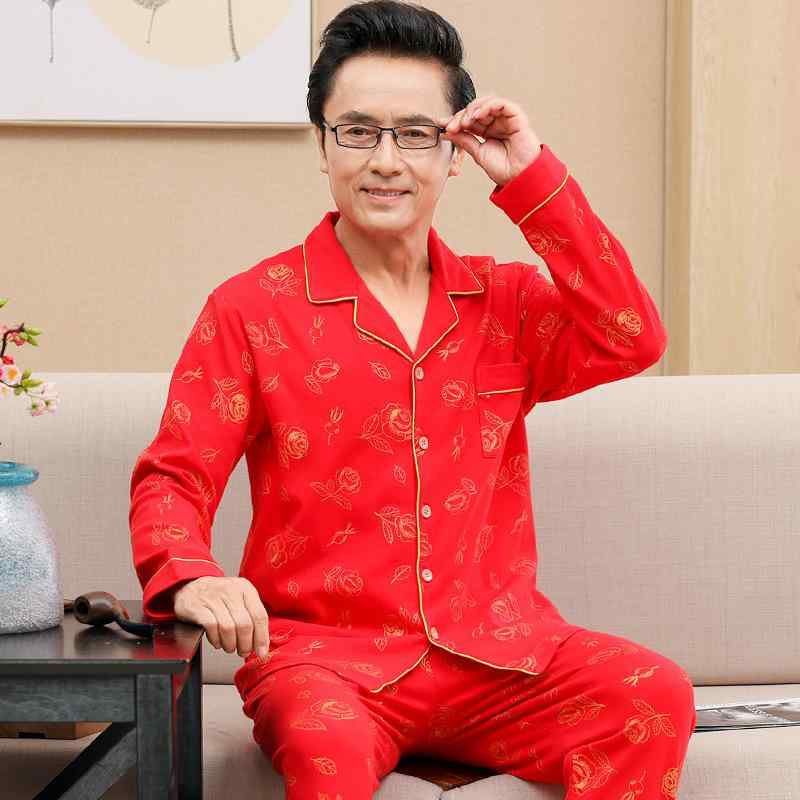 パジャマ メンズ 中高年 男性用 春秋 長袖 純綿 コットン 綿100% 開襟 テーラードカラー 上下セット ルームウェア 部屋着 ナイトウェア 寝巻き 赤 レッド系 通気性 快適 普段使い 睡眠