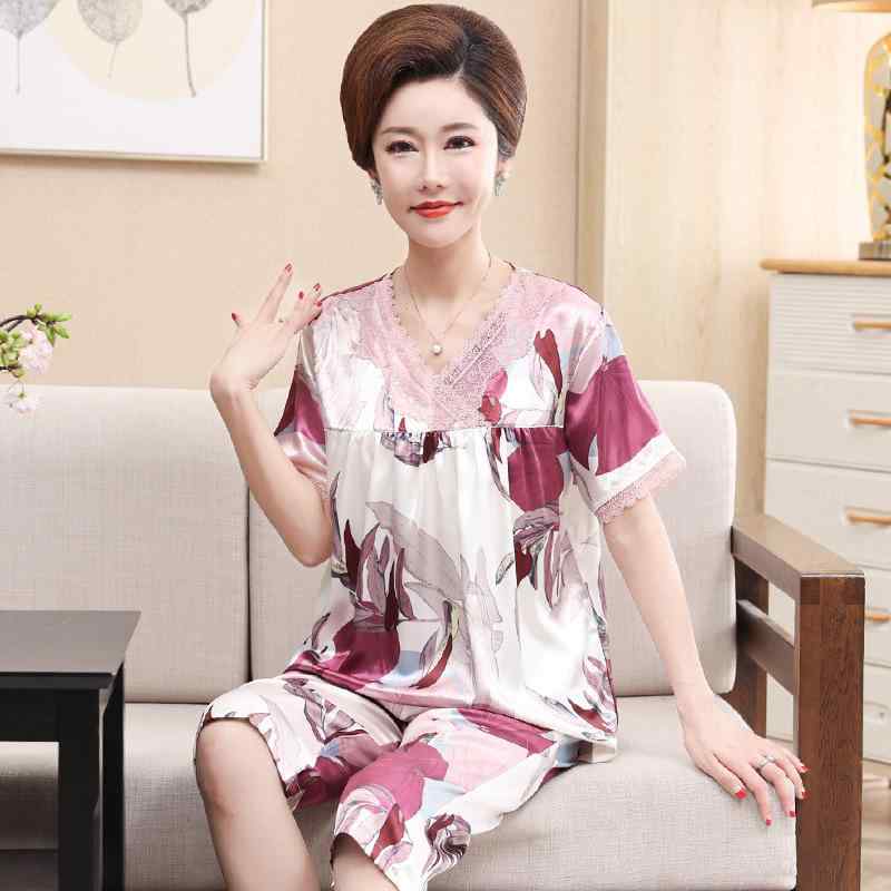 ルームウェア レディース 中高年女性 ママ ミセス パジャマ 上下セット シルク調 ポリエステル 薄手 サラサラ 肌触り 快適 高級感 半袖 ラウンドネック 七分丈パンツ 春夏 部屋着 おうち時間 リラックス