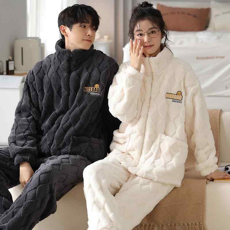パジャマ カップル ペア メンズ レディース 秋冬 フランネル サンゴフリース 裏起毛 厚手 極厚 あったか 暖かい 保温 もこもこ ストレッチ 伸縮性 シンプル 上下セット 部屋着 ルームウェア ハイネック 高級感