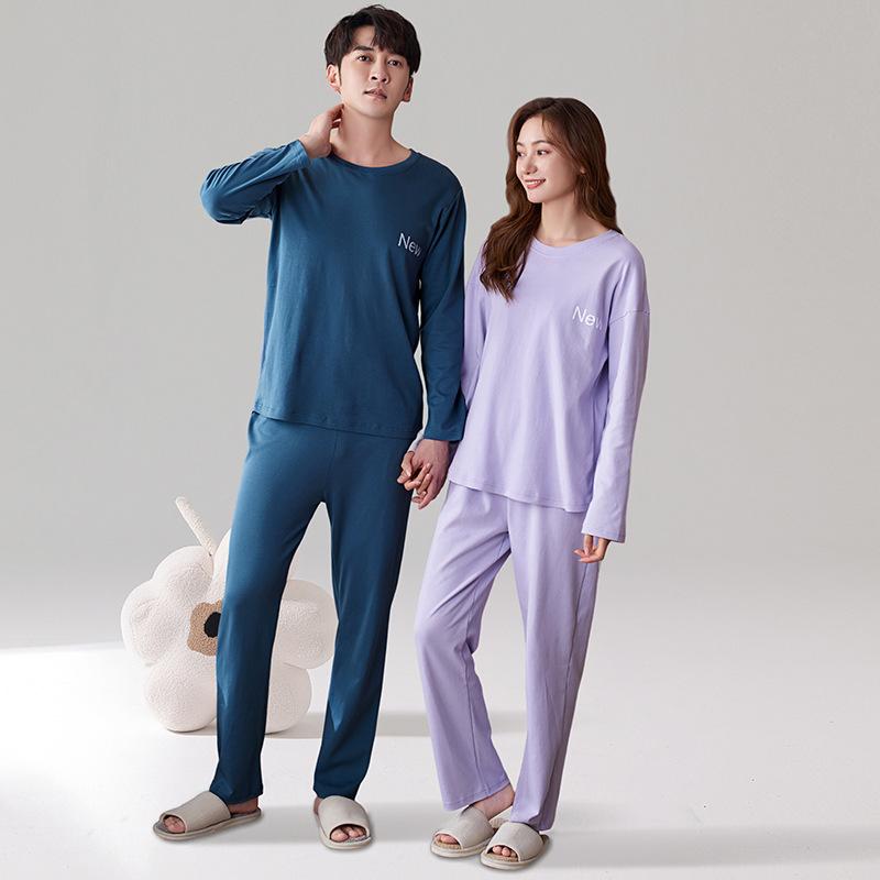 パジャマ ルームウェア 男女兼用 カップル 長袖 長ズボン 上下セット 丸首 クルーネック 綿100% コットン 薄手 通気性 伸縮性 春秋 部屋着 普段使い リラックスウェア