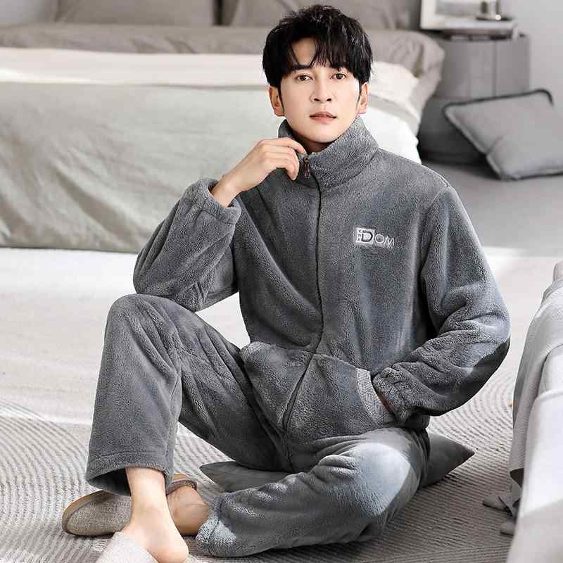 ルームウェア メンズ 男性用 パジャマ フランネル コットン サンゴフリース 厚手 長袖 長ズボン 上下セット 保温 暖か ゆったり 秋冬 部屋着 普段使い