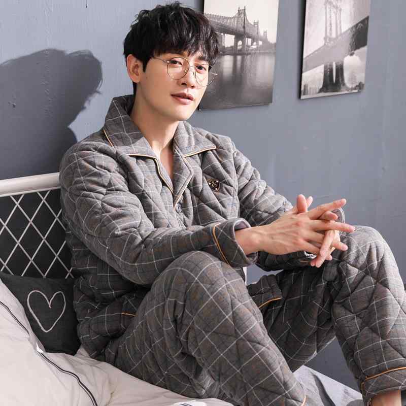 ルームウェア メンズ 冬 フランネル パジャマ 男性用 三層中綿キルティング サンゴフリース 裏起毛 厚手 保温 あったか 上下セット 長袖長ズボン 開襟 部屋着 ホームウェア リラックス 快適