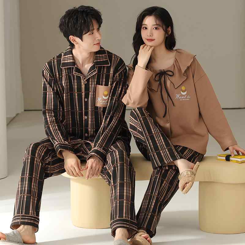 パジャマ カップル ペア 春秋 綿 コットン 抗菌 伸縮性 柔らか 肌触り 通気性 快適 長袖 カーディガン 上下セット ルームウェア 部屋着 外出着