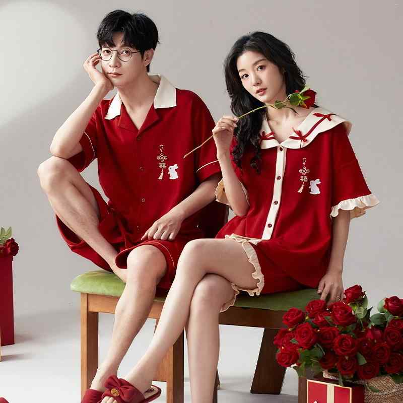 パジャマ レディース メンズ 春夏 純綿100% 前開き 半袖 開襟 セットアップ 薄手 抗菌 防ダニ 透湿 快適 かわいい ブライダル ペア 夫婦 お揃い ルームウェア レッド