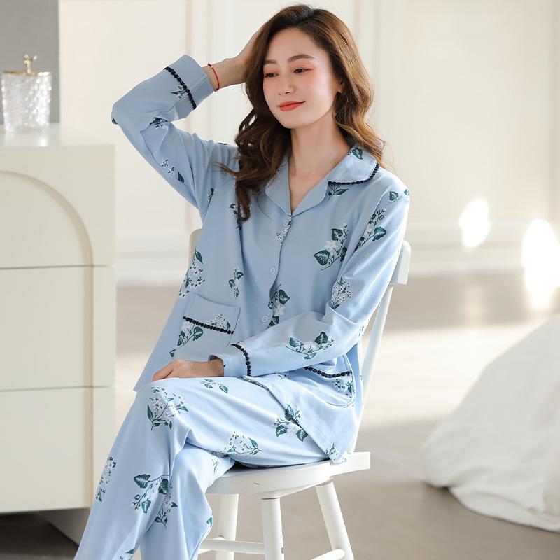パジャマ レディース 女性用 ミセス ママ 春夏 綿100% 大きいサイズ ゆったりサイズ 長袖 長ズボン 薄手 軽量 上下セット 襟付き ルームウェア 部屋着 通気性 吸湿速乾 リラックス