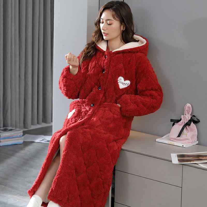 ルームウェア レディース ナイトガウン ガウン パジャマ 秋冬 フランネル サンゴフリース 綿 三層構造 中綿入り 超厚手 裏起毛 保温 Vネック 部屋着 通気性