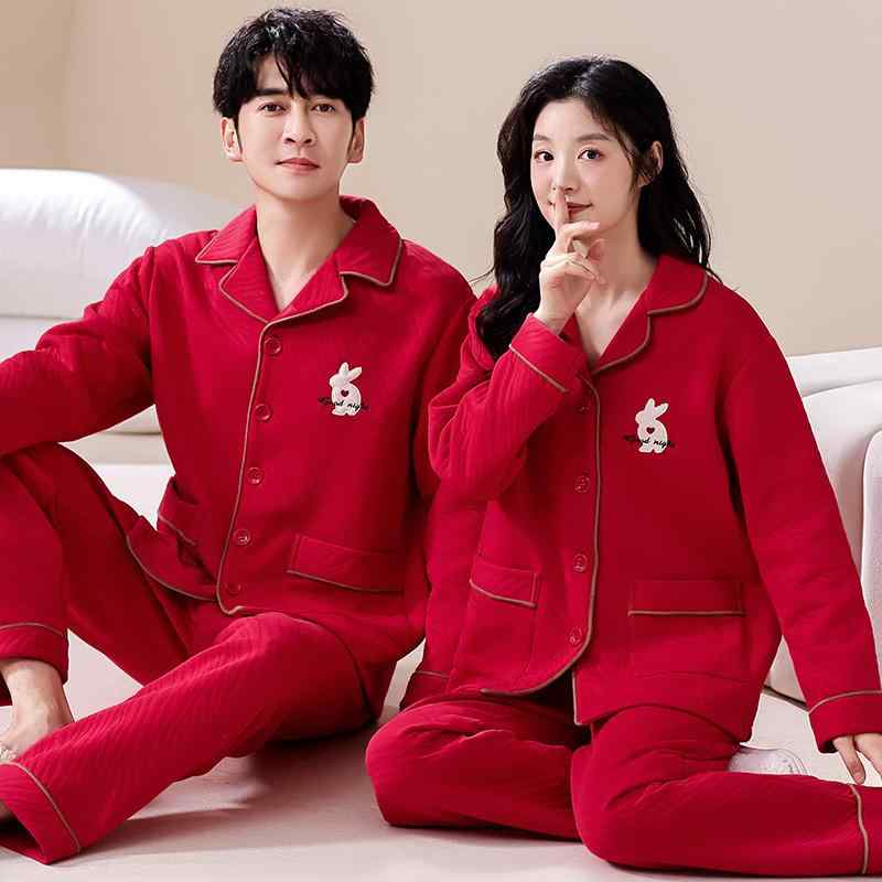 パジャマ ルームウェア カップル 男女兼用 秋冬 レッド コットン フランネル 厚手 保温 あったか キル..
