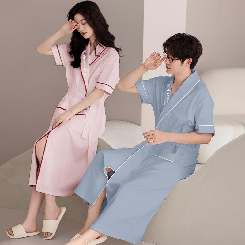 バスローブ ペア 夏 綿100% 半袖 ミドル丈 吸湿性 男女兼用 ガウン ローブ 浴衣 寝巻き パジャマ お風呂上がり ルームウェア 部屋着 上質 高級感 着心地快適