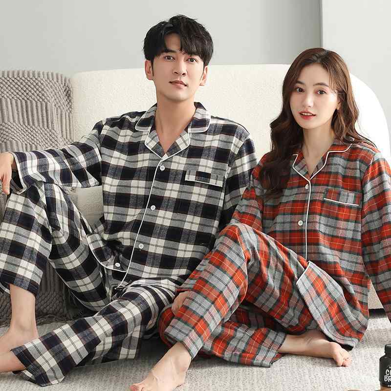 パジャマ 男女兼用 カップル 綿100% コットン 前開き 開襟シャツ 長袖長ズボン チェック柄 ルームウェア 部屋着 ホームウェア カジュアル リラックスウェア 快適 柔らかい 肌触り 高級感 通年 外出着