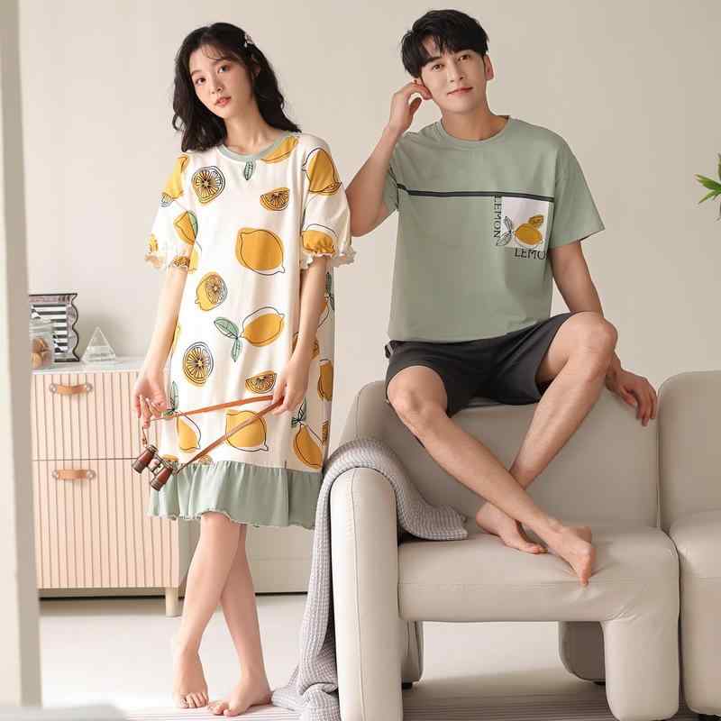 パジャマ メンズ レディース ペア サマー 薄手 綿100% ラウンドネック 半袖 ショートパンツ ロングナイ..