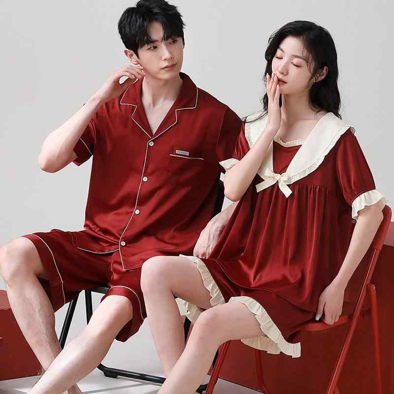 ルームウェア カップル ペア メンズ レディース パジャマ 春夏 シルクタッチ 接触冷感 涼感 薄手 赤 V..