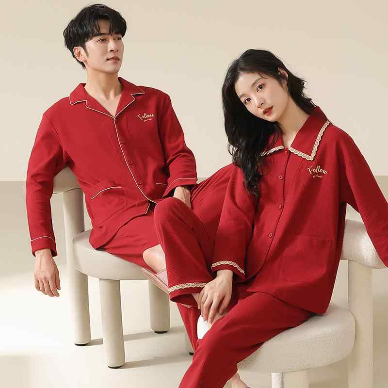 パジャマ メンズ レディース 男女兼用 純綿100% 前開き 長袖 長ズボン 高級感 レッド ペアルック ルー..