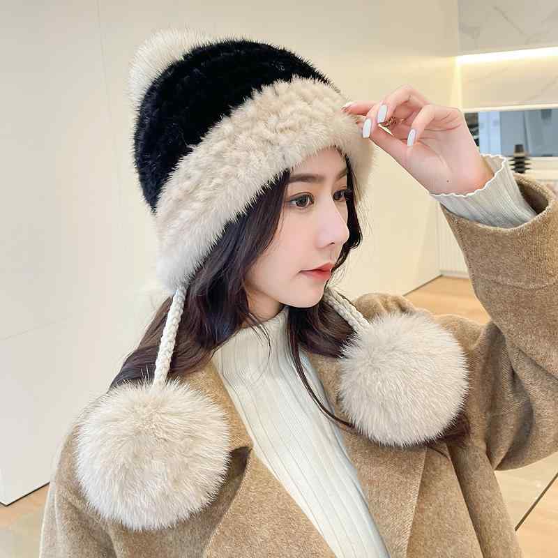 帽子 レディース ミンク ファー ハット フォックスファー ポンポン カジュアル 秋冬 小顔効果 あったか 防寒 耳当て イヤーマフ(4)