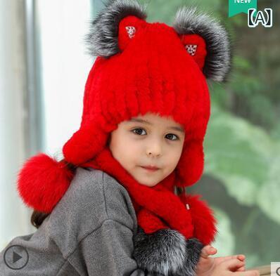 ニット帽 キッズ 男の子 女の子 かわいい ポンポン ファー レッキスラビットファー うさぎ毛皮 耳当て ..