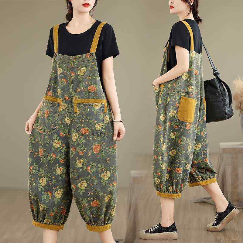 サロペット レディース 春夏 韓国風 カジュアル 大きいサイズ ゆったり リラックス プリント 花柄 デニム 綿 オーバーオール ワイドパンツ ハイウエスト 九分丈 薄手 普段使い