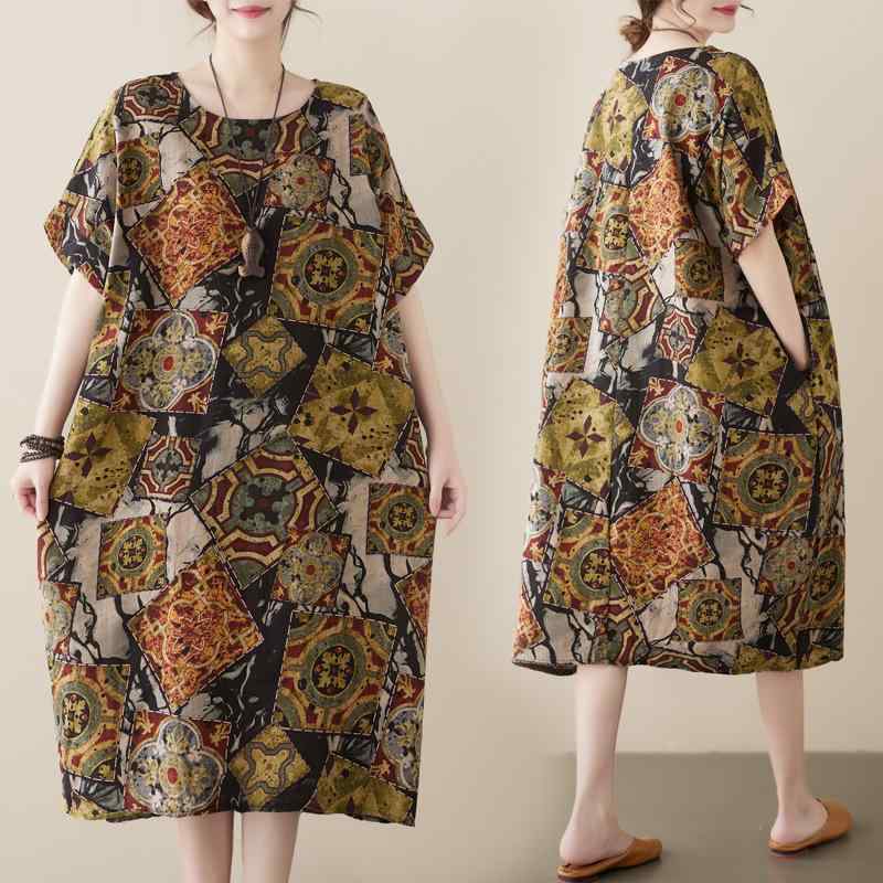 ワンピース レディース 春夏 韓国ファッション 大きいサイズ 綿麻素材 レトロ エスニック ゆったり 体型カバー Aライン ミディ丈 五分袖 カジュアル ドレス(4)