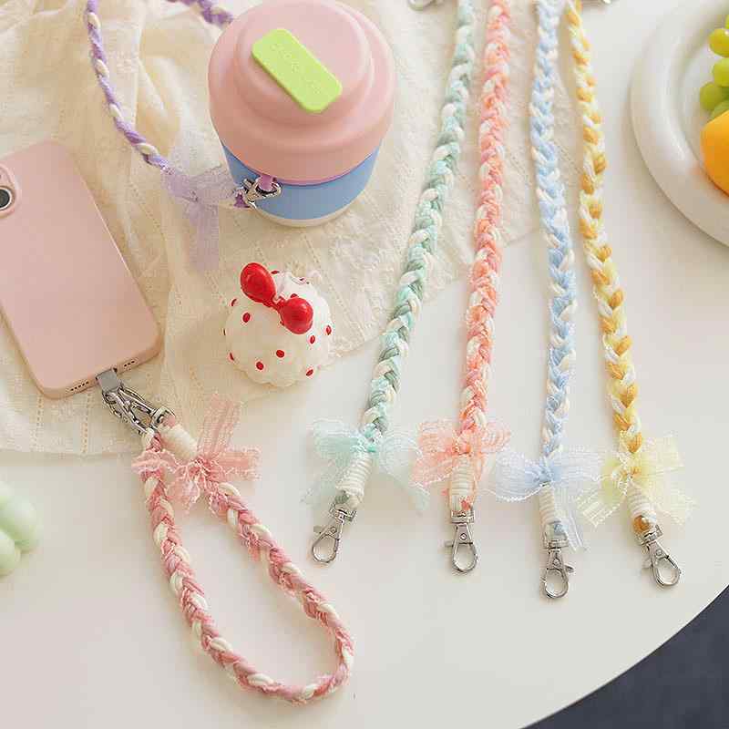 スマホストラップ レディース 春夏 キャンディカラー リボン レース編み かわいい コットン製 多機能 水筒 カップホルダー(x2)