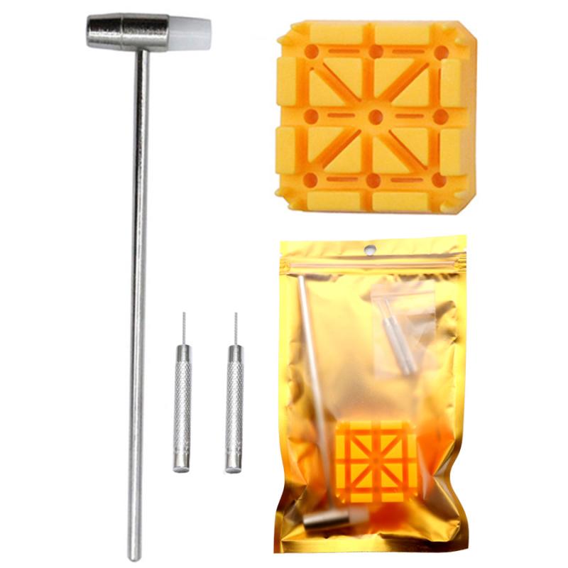 腕時計工具 バンド調整 電池交換 裏蓋開け 4点セット DIY 自宅用 ウォッチ修理 多機能精密ツール 金属製 ピン抜きハンマー 黄色台座